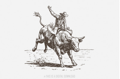 Western Rodeo PNG, Cowboy Bull Rider, Retro Illustration, Bucking Bull