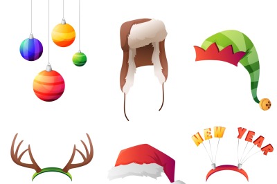 Set of vector winter christmas hats set. For party, street home and new year. Vector illustration