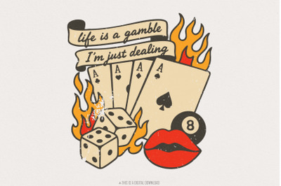 Retro Cowboy Design, Western Playing Card PNG, Lucky Cherries, Dice &amp;