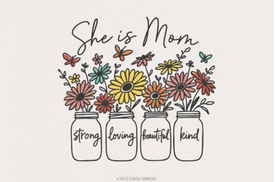 She is Mom Bundle PNG, Mom Life, Mother&#039;s Day, Retro Mama Quotes, Nana