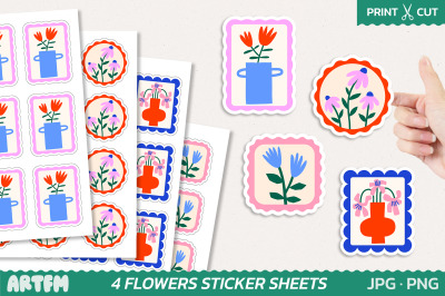 Retro Flowers Sticker Sheets | Floral Stamp Planner Sticker