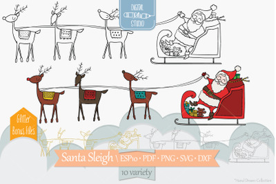 Santa Claus Sleigh &amp; Rudolf Reindeer | Hand Drawn Christmas