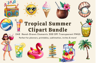 Tropical Summer Clipart Bundle | 240 Hand-Drawn PNGs