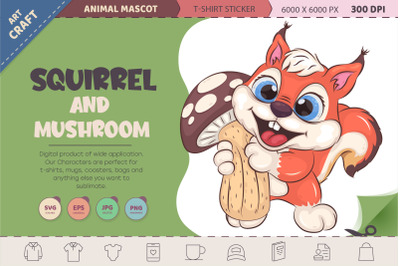 Cartoon Squirrel and mushroom. T-Shirt, PNG, SVG.