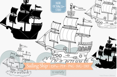 Sail Boat at Sea | Hand Drawn Pirate Ship | Old Ship