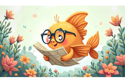A cartoon angelfish wearing tiny glasses, reading a map