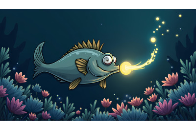 A cartoon anglerfish using its glowing lure to light up the dark