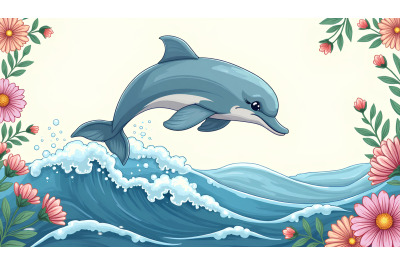 A cartoon dolphin jumping over waves in the ocean