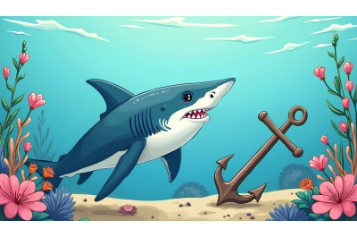 A cartoon hammerhead shark curiously observing a sunken anchor