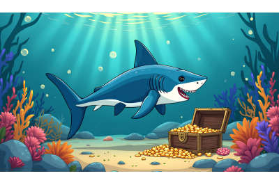A cartoon hammerhead shark discovering a sunken treasure chest