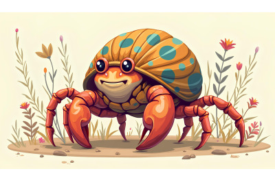 A cartoon hermit crab carrying a colorful shell on its back
