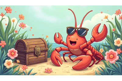 A cartoon lobster wearing sunglasses near a treasure chest