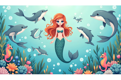 A cartoon mermaid surrounded by playful dolphins and seahorses
