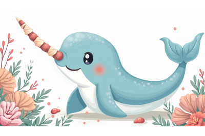 A cartoon narwhal decorating its tusk with seashells