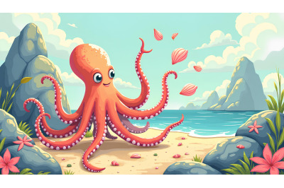 A cartoon octopus juggling seashells near a rock formation