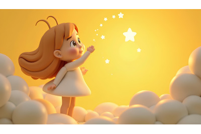 A 3D-rendered celestial girl touching starlit clouds