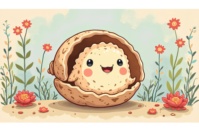 A cartoon pufferfish trying to fit into a small shell