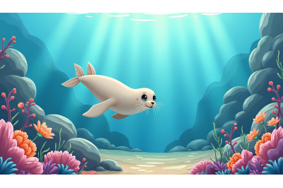 A cartoon sea lion swimming near underwater rocks