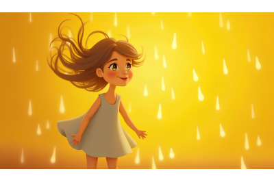 A bokeh effect girl spinning under glowing raindrops