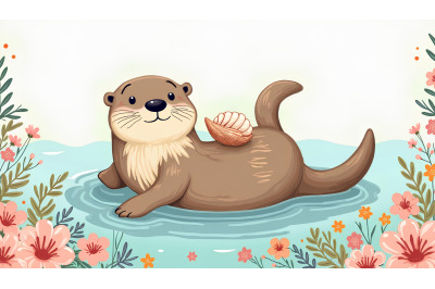 A cartoon sea otter floating on its back with a shell
