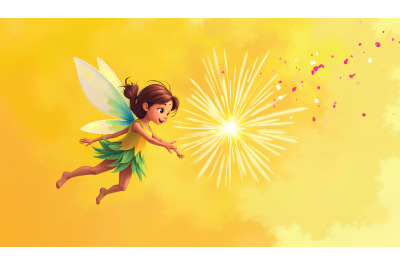 A brushstroke-textured fairy spinning in rainbow sparks