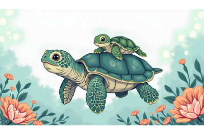 A cartoon sea turtle carrying a baby turtle on its back