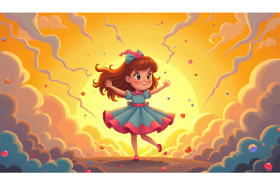 A candy-colored girl dancing in a magical storm
