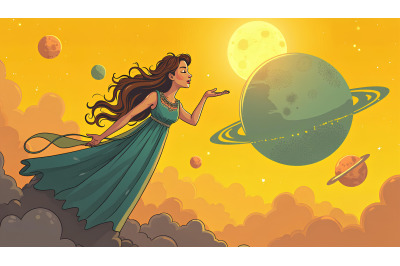 A celestial goddess whispering to glowing planets