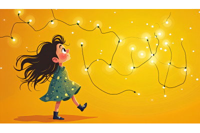 A cubist vision of a girl among floating lights