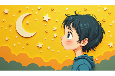 A cut-paper collage of a child whispering to stars