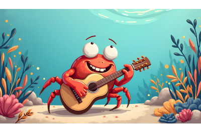 A funny cartoon crab playing a small guitar under the sea