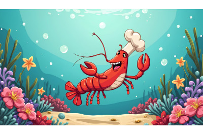 A funny cartoon lobster holding a chefs hat under the sea