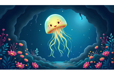 A glowing cartoon jellyfish floating near a mysterious cave
