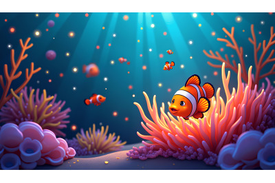 A glowing cartoon sea anemone with clownfish peeking out