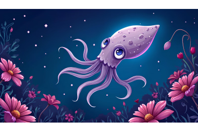 A glowing cartoon squid swimming through the twilight zone