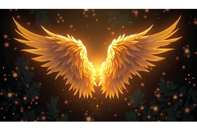 A glowing pair of golden angel wings surrounded by faint golden dust a