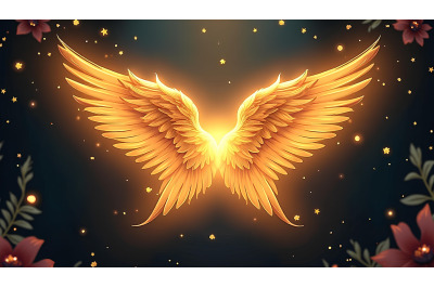 A glowing pair of golden angel wings surrounded by faint sparkles agai