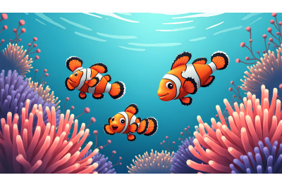 A group of cartoon clownfish playing among anemones