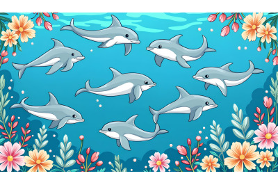 A group of cartoon dolphins swimming in synchronized patterns