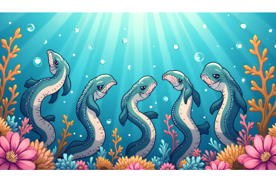 A group of cartoon eels forming funny shapes in a reef