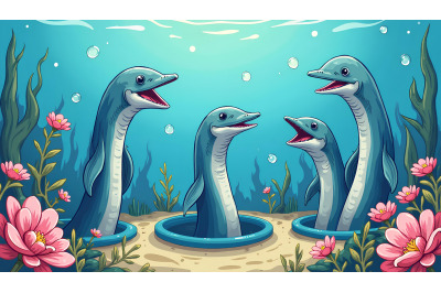 A group of cartoon eels popping out of underwater holes