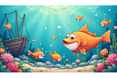 A group of cartoon fish blowing bubbles near a shipwreck