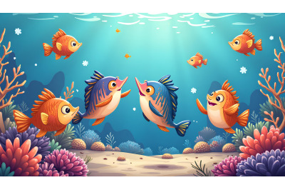 A group of cartoon fish having a dance party near coral