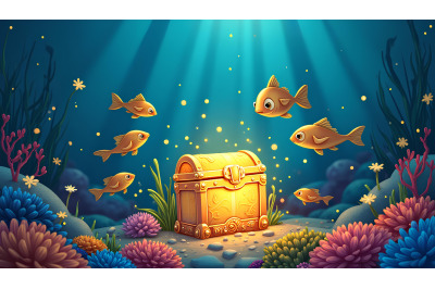 A group of cartoon fish swimming around a glowing sea treasure