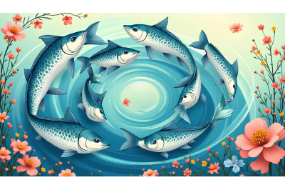 A group of cartoon fish swimming in circles, forming a whirlpool