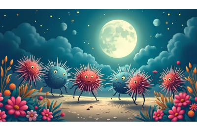A group of cartoon sea urchins dancing under the moonlight