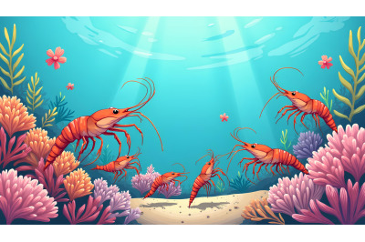 A group of cartoon shrimp cleaning a coral reef