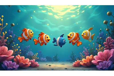 A group of dancing cartoon fish near a glowing coral