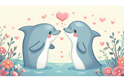 A happy cartoon dolphin blowing heart-shaped bubbles