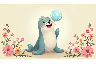 A happy cartoon seal balancing a bubble on its nose